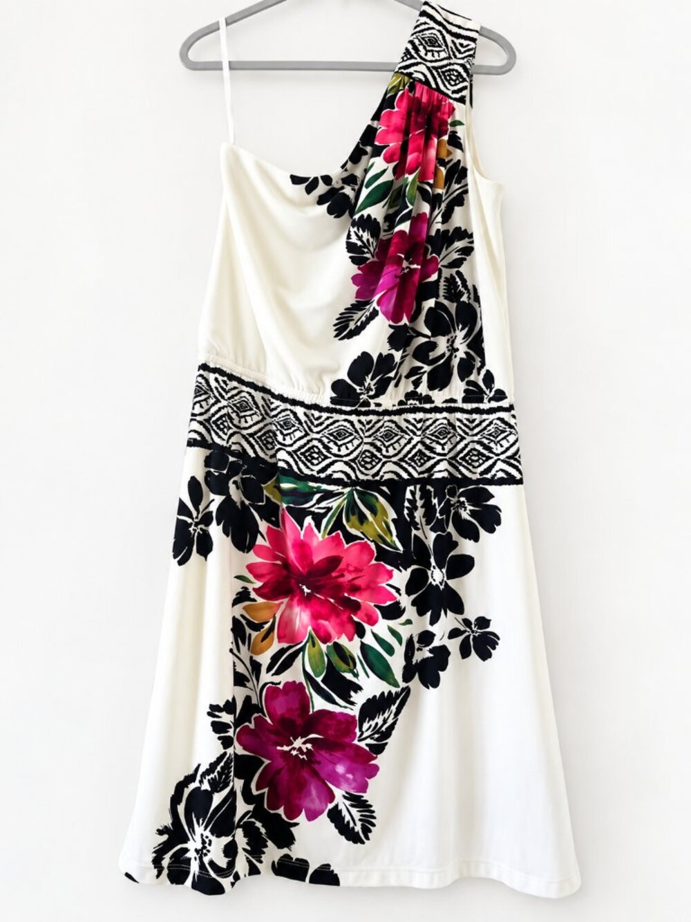 Karin Stevens Women’s One Shoulder Floral Dress Size 16 White Black Pink